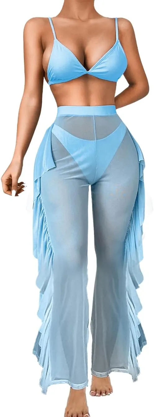 Kaei&Shi Beach Coverups,High Waisted 3 Piece Swimsuits,Sheer Ruffle Cover Up Pants Swimwear Women Pool Rave Festival Outfits