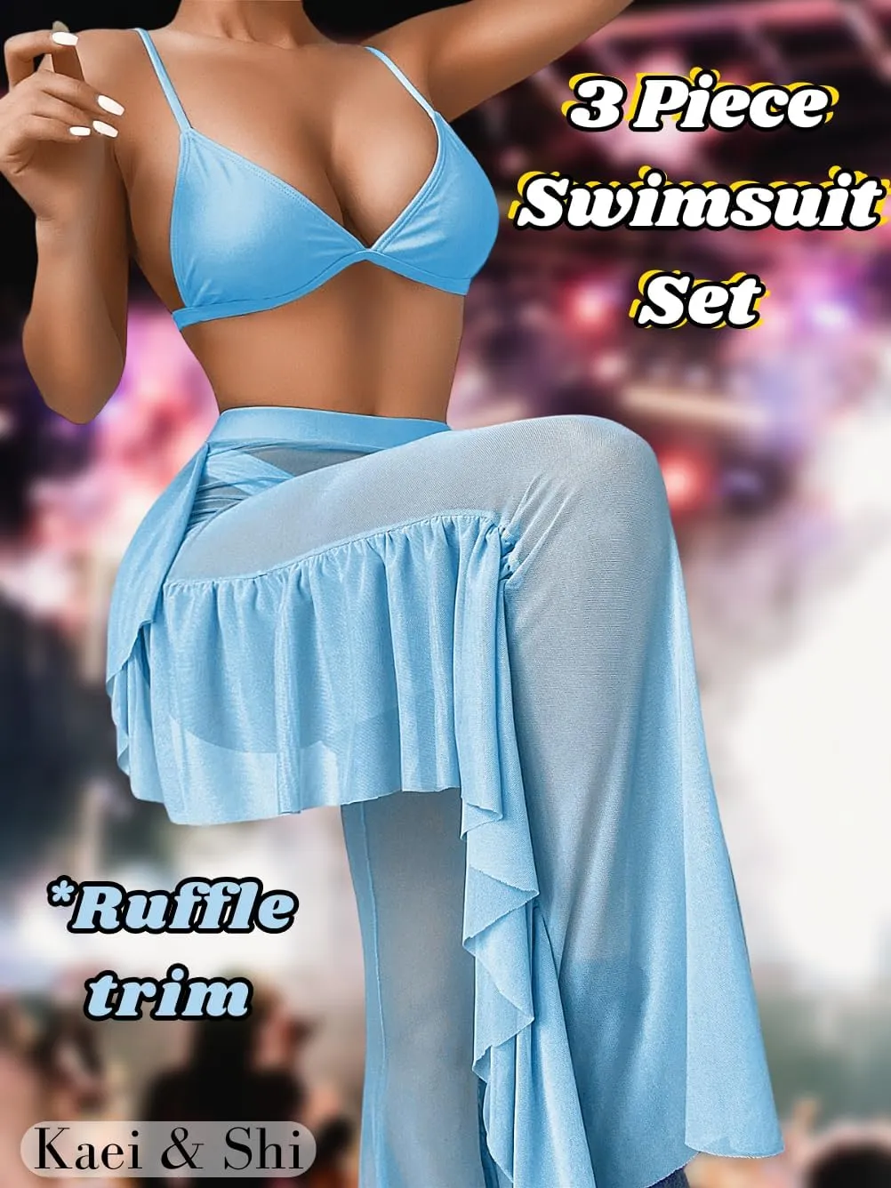 Kaei&Shi Beach Coverups,High Waisted 3 Piece Swimsuits,Sheer Ruffle Cover Up Pants Swimwear Women Pool Rave Festival Outfits