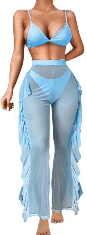 Kaei&Shi Beach Coverups,High Waisted 3 Piece Swimsuits,Sheer Ruffle Cover Up Pants Swimwear Women Pool Rave Festival Outfits