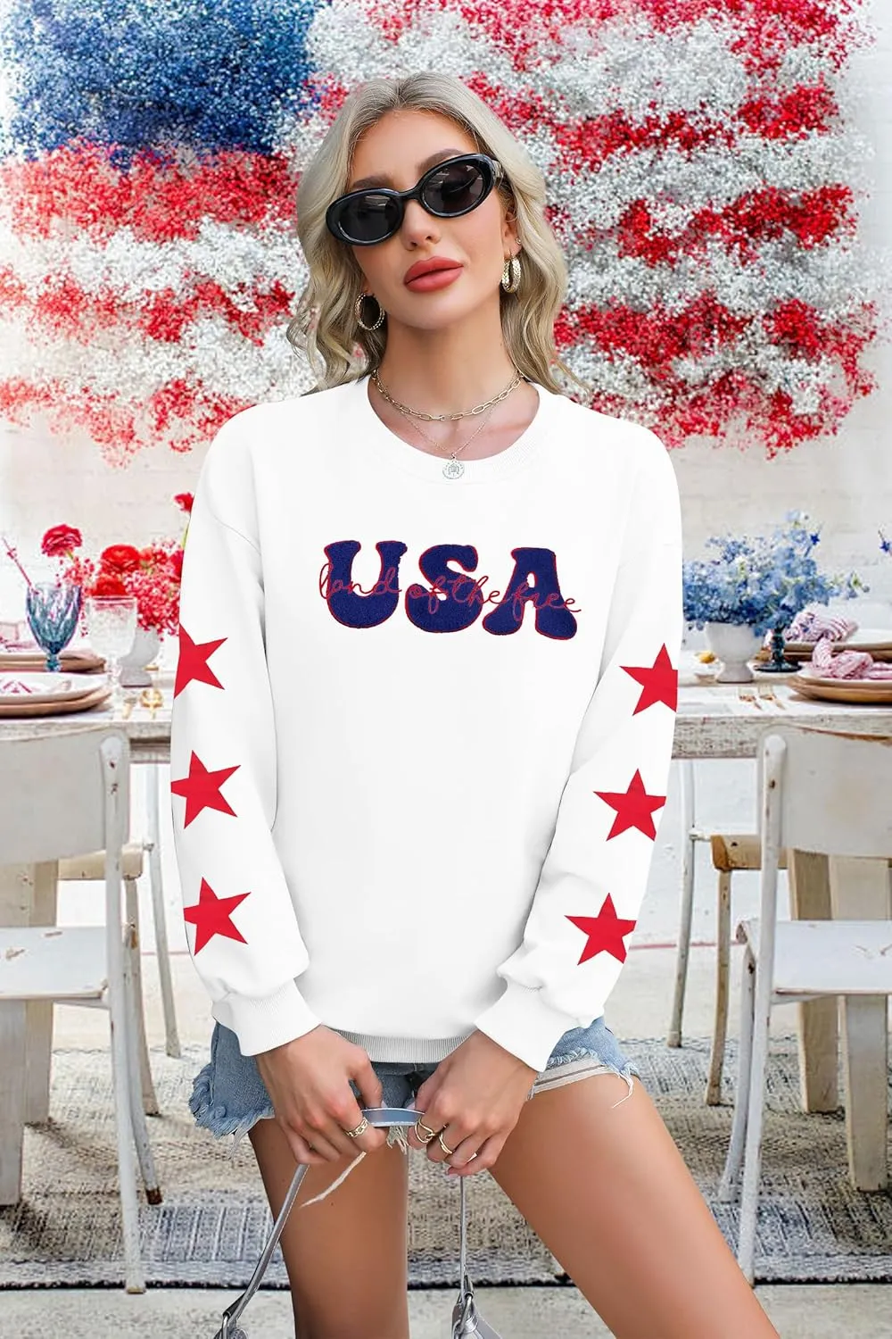 KIDDAD USA Sweatshirts for Women: American Flag Patch Sweatshirt 4th of July Shirt Patriotic Star Graphic Pullover Tops