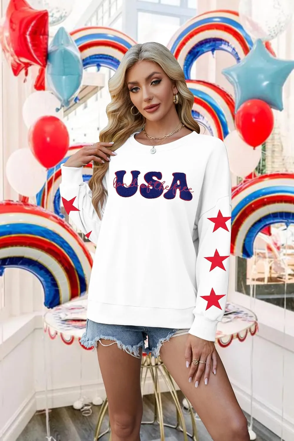 KIDDAD USA Sweatshirts for Women: American Flag Patch Sweatshirt 4th of July Shirt Patriotic Star Graphic Pullover Tops