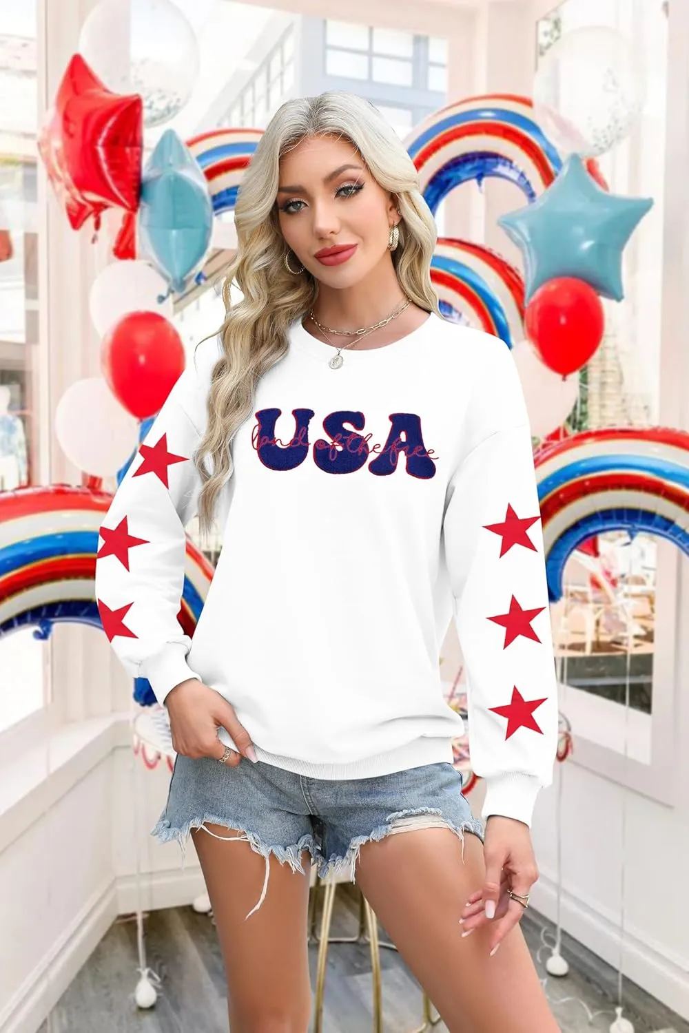 KIDDAD USA Sweatshirts for Women: American Flag Patch Sweatshirt 4th of July Shirt Patriotic Star Graphic Pullover Tops