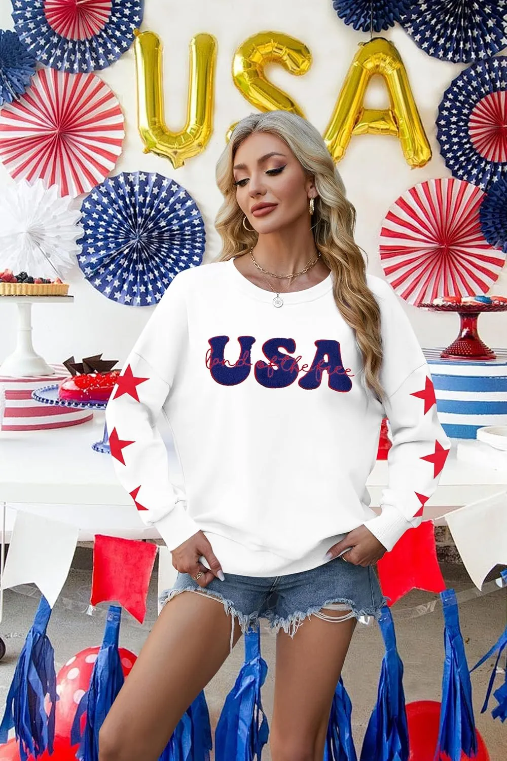 KIDDAD USA Sweatshirts for Women: American Flag Patch Sweatshirt 4th of July Shirt Patriotic Star Graphic Pullover Tops