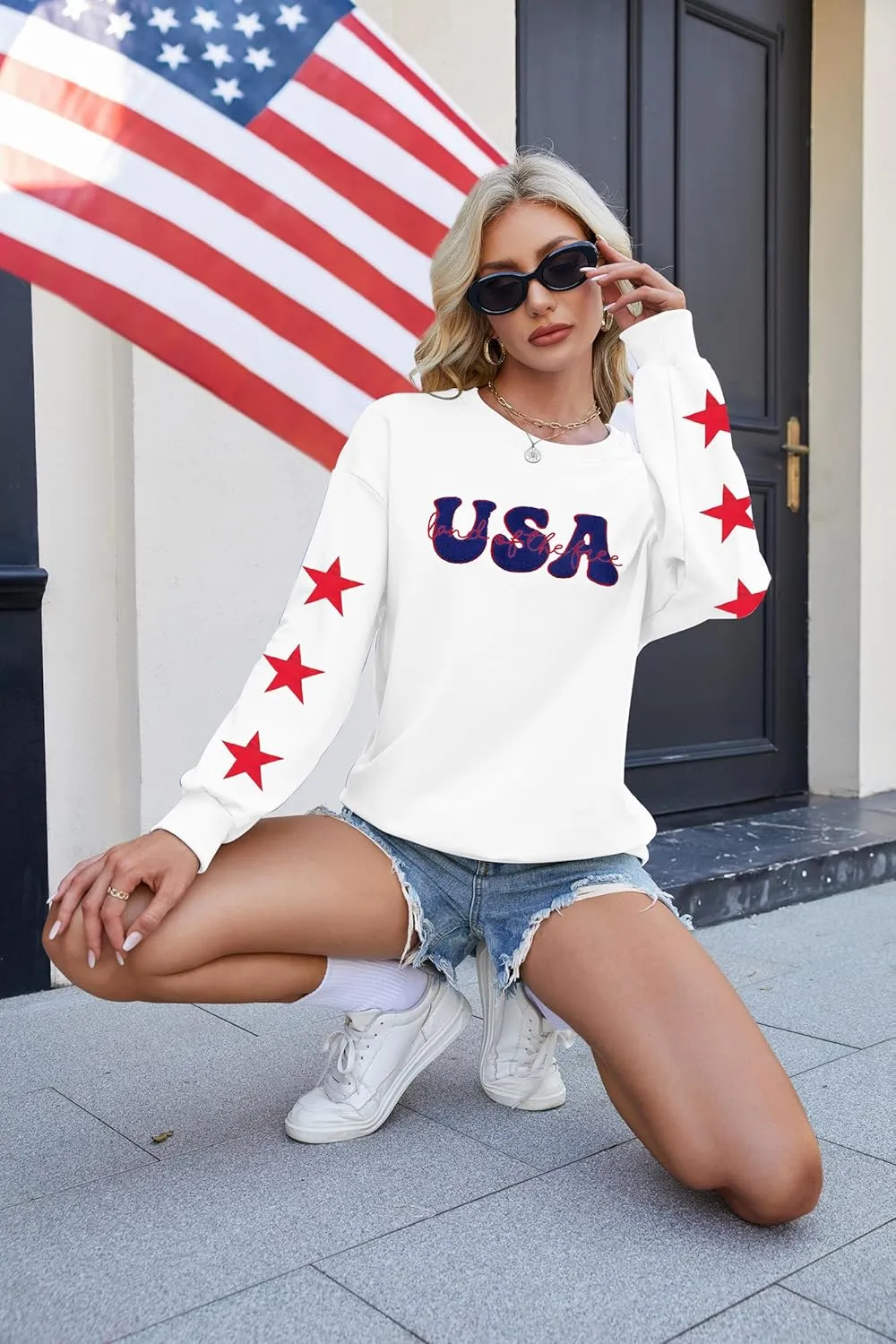KIDDAD USA Sweatshirts for Women: American Flag Patch Sweatshirt 4th of July Shirt Patriotic Star Graphic Pullover Tops