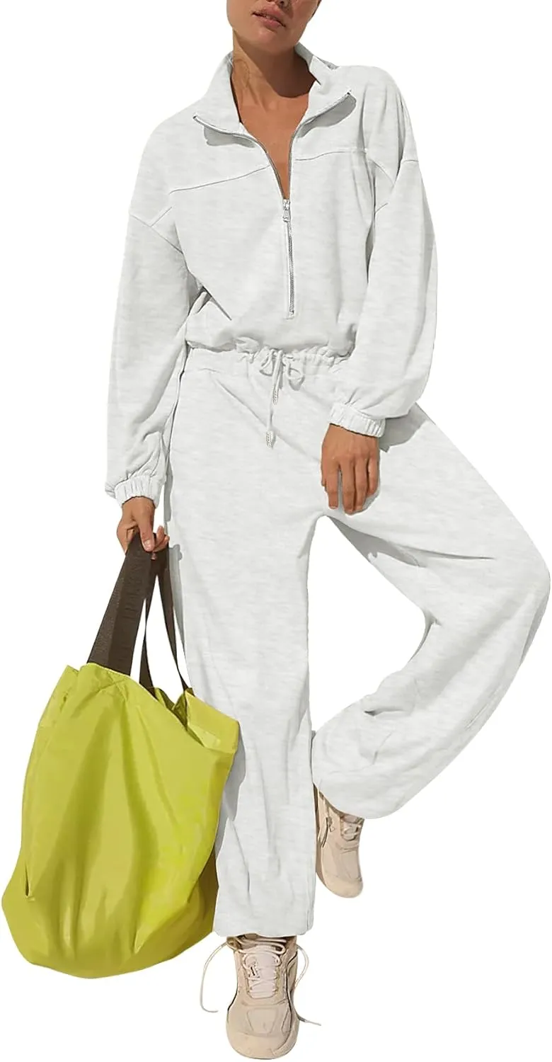 Kissonic Women's Casual Jumpsuits Long Sleeve Loose Zipper One Piece Outfit Drawstring Onesie Romper with Pockets