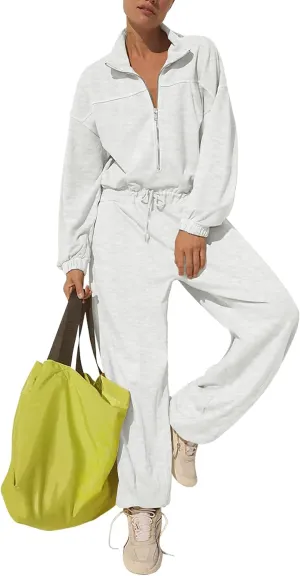Kissonic Women's Casual Jumpsuits Long Sleeve Loose Zipper One Piece Outfit Drawstring Onesie Romper with Pockets