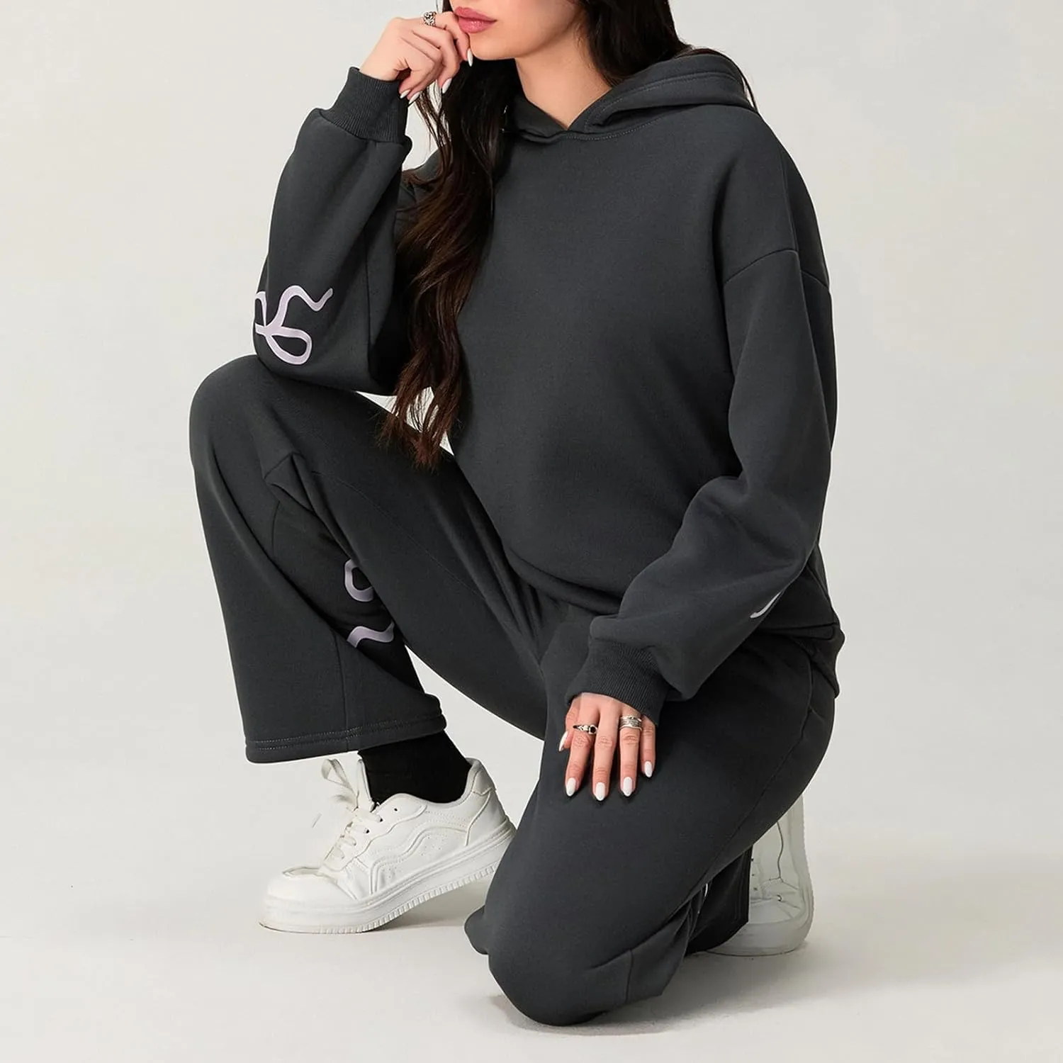 KMBANGI Women Bow 2 Piece Sweatsuit Sets Oversized Hoodie Wide Leg Sweatpants Y2k Sweat Sets Outfits Tracksuit