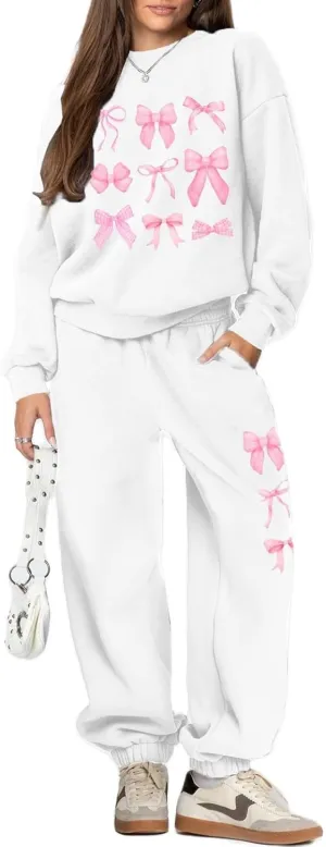 KMBANGI Women Bow 2 Piece Sweatsuit Sets Oversized Hoodie Wide Leg Sweatpants Y2k Sweat Sets Outfits Tracksuit