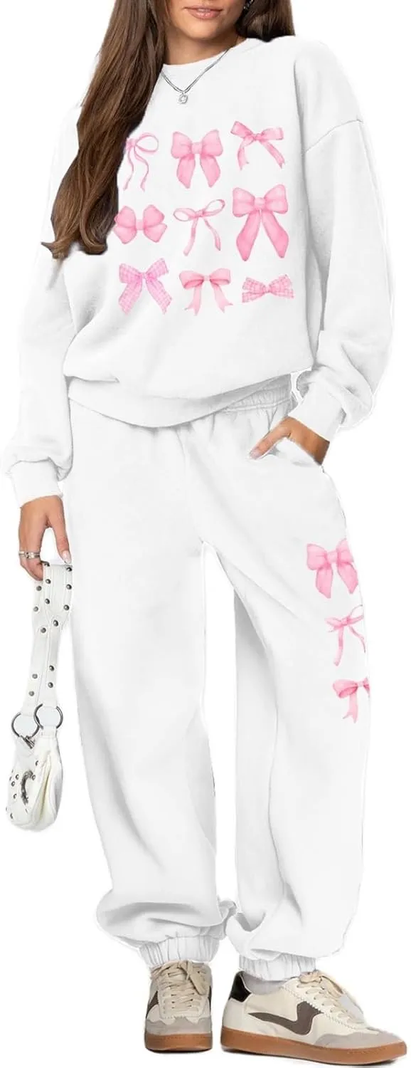 KMBANGI Women Bow 2 Piece Sweatsuit Sets Oversized Hoodie Wide Leg Sweatpants Y2k Sweat Sets Outfits Tracksuit