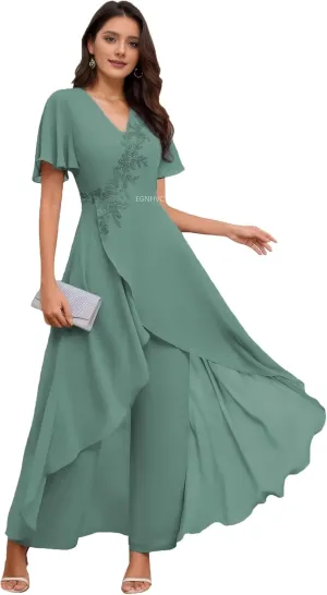 Lace Eucalyptus Pant Suits for Women 2025 with Sleeves Mother of The Bride Pant Suits Spring V Neck Wedding Dress for Bride 8