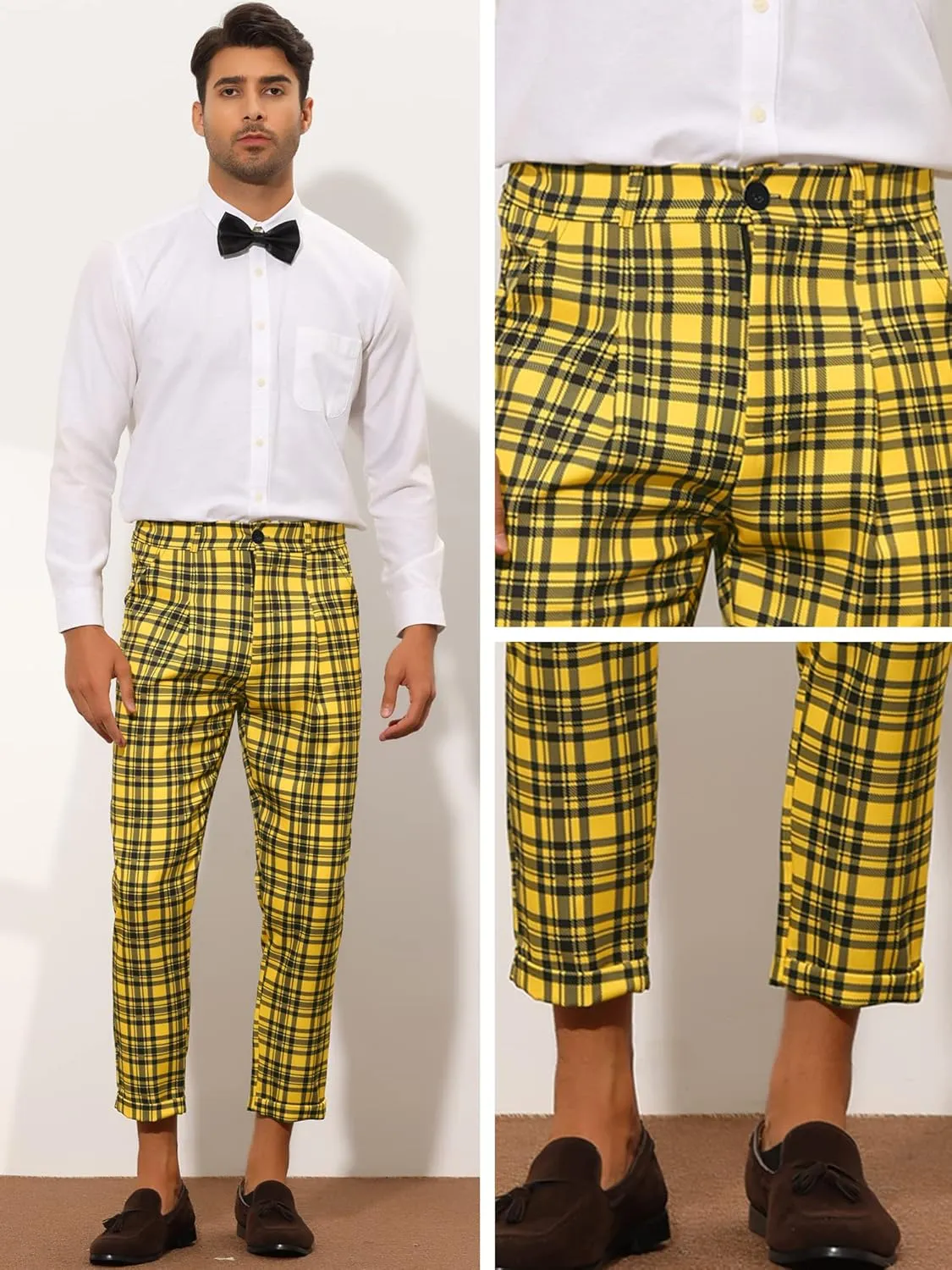 Lars Amadeus Plaid Cropped Pants for Men's Slim Fit Business Dress Pants Checked Slacks