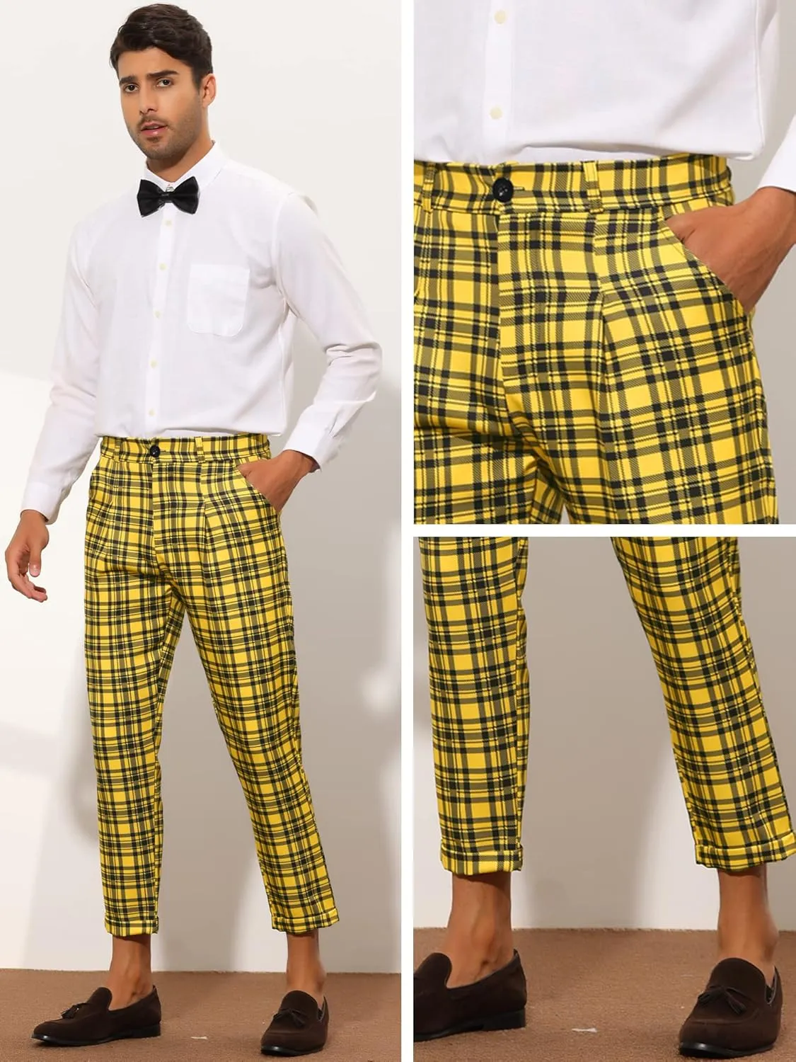 Lars Amadeus Plaid Cropped Pants for Men's Slim Fit Business Dress Pants Checked Slacks