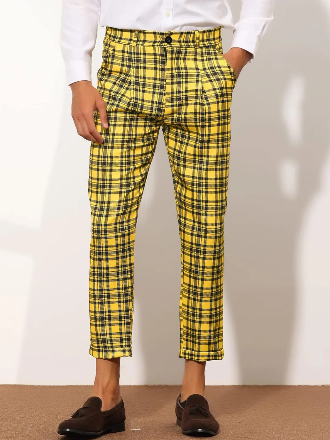 Lars Amadeus Plaid Cropped Pants for Men's Slim Fit Business Dress Pants Checked Slacks