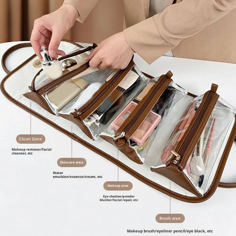 Leather Waterproof Cosmetic Bag, Foldable Toiletry Bag with Detachable Pouches, Large Capacity 4-in-1 Roll-Up Cosmetic Storage with Handle, Hanging Cosmetic Travel Bag For Women