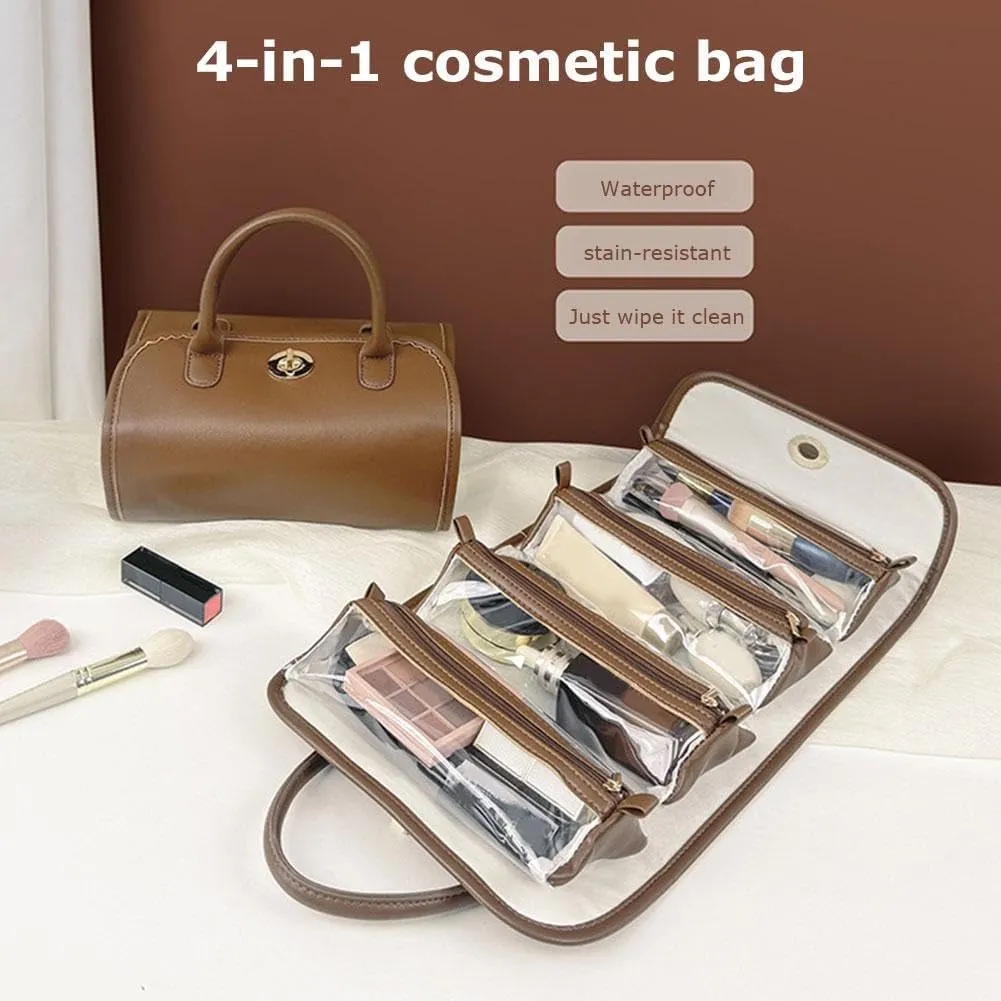 Leather Waterproof Cosmetic Bag, Foldable Toiletry Bag with Detachable Pouches, Large Capacity 4-in-1 Roll-Up Cosmetic Storage with Handle, Hanging Cosmetic Travel Bag For Women