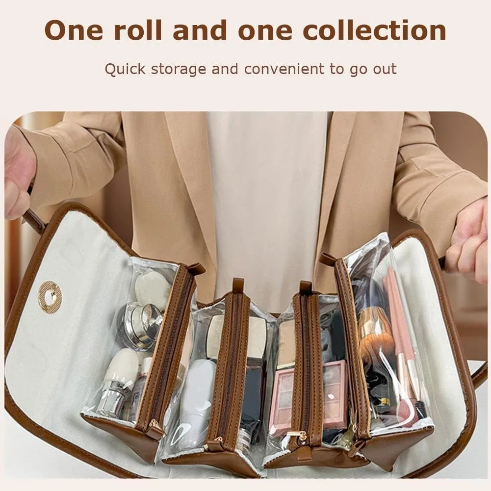 Leather Waterproof Cosmetic Bag, Foldable Toiletry Bag with Detachable Pouches, Large Capacity 4-in-1 Roll-Up Cosmetic Storage with Handle, Hanging Cosmetic Travel Bag For Women