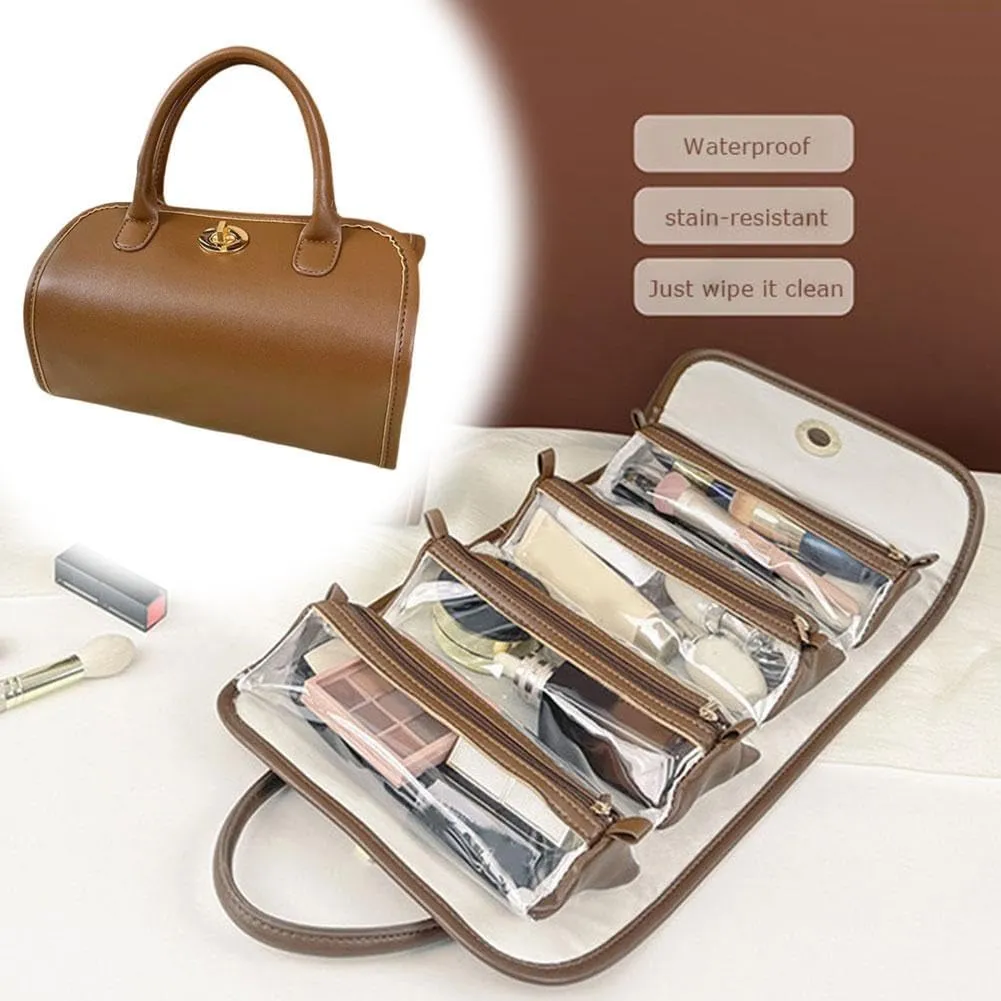 Leather Waterproof Cosmetic Bag,Detachable 4 in 1 Travel Toiletry Bag,Multi Compartment Hanging Makeup Bag,Roll Up Large Capacity Compact Waterproof Foldable Cosmetic Bag,for Women