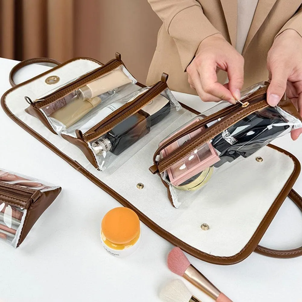 Leather Waterproof Cosmetic Bag,Detachable 4 in 1 Travel Toiletry Bag,Multi Compartment Hanging Makeup Bag,Roll Up Large Capacity Compact Waterproof Foldable Cosmetic Bag,for Women