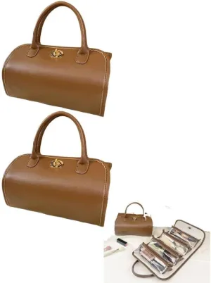 Leather Waterproof Cosmetic Bag,Detachable 4 in 1 Travel Toiletry Bag,Multi Compartment Hanging Makeup Bag,Roll Up Large Capacity Compact Waterproof Foldable Cosmetic Bag,for Women
