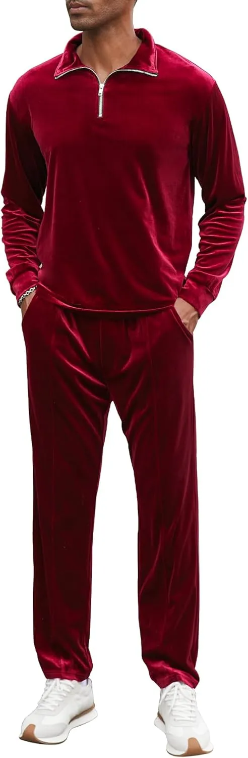 LecGee Men's 2 Piece Long Sleeve Tracksuit Velvet Quarter Zip Shirt Elastic Pant Velour Fall Casual Outfit Sweatsuit Set