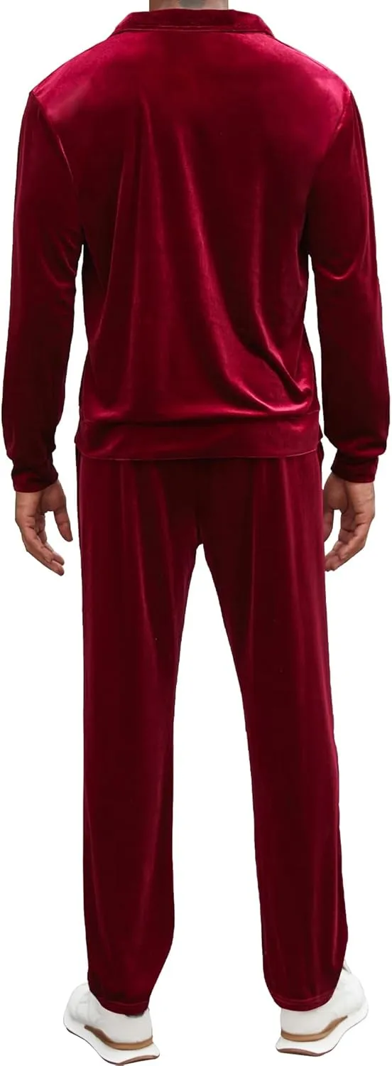 LecGee Men's 2 Piece Long Sleeve Tracksuit Velvet Quarter Zip Shirt Elastic Pant Velour Fall Casual Outfit Sweatsuit Set