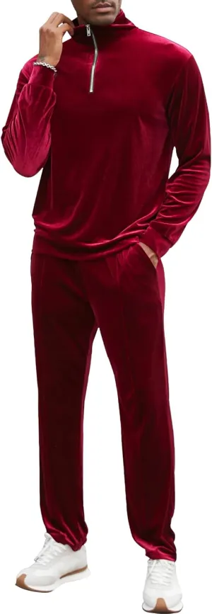 LecGee Men's 2 Piece Long Sleeve Tracksuit Velvet Quarter Zip Shirt Elastic Pant Velour Fall Casual Outfit Sweatsuit Set