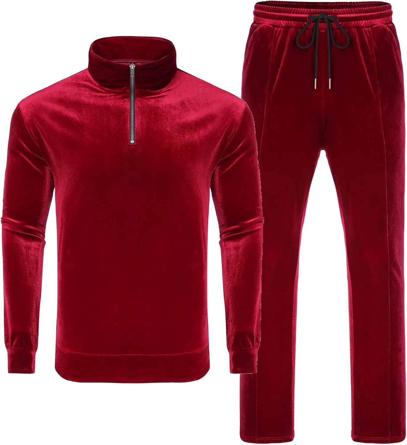 LecGee Men's 2 Piece Long Sleeve Tracksuit Velvet Quarter Zip Shirt Elastic Pant Velour Fall Casual Outfit Sweatsuit Set