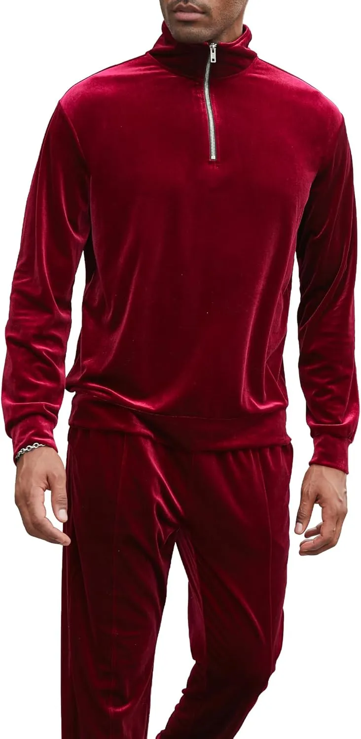LecGee Men's 2 Piece Long Sleeve Tracksuit Velvet Quarter Zip Shirt Elastic Pant Velour Fall Casual Outfit Sweatsuit Set
