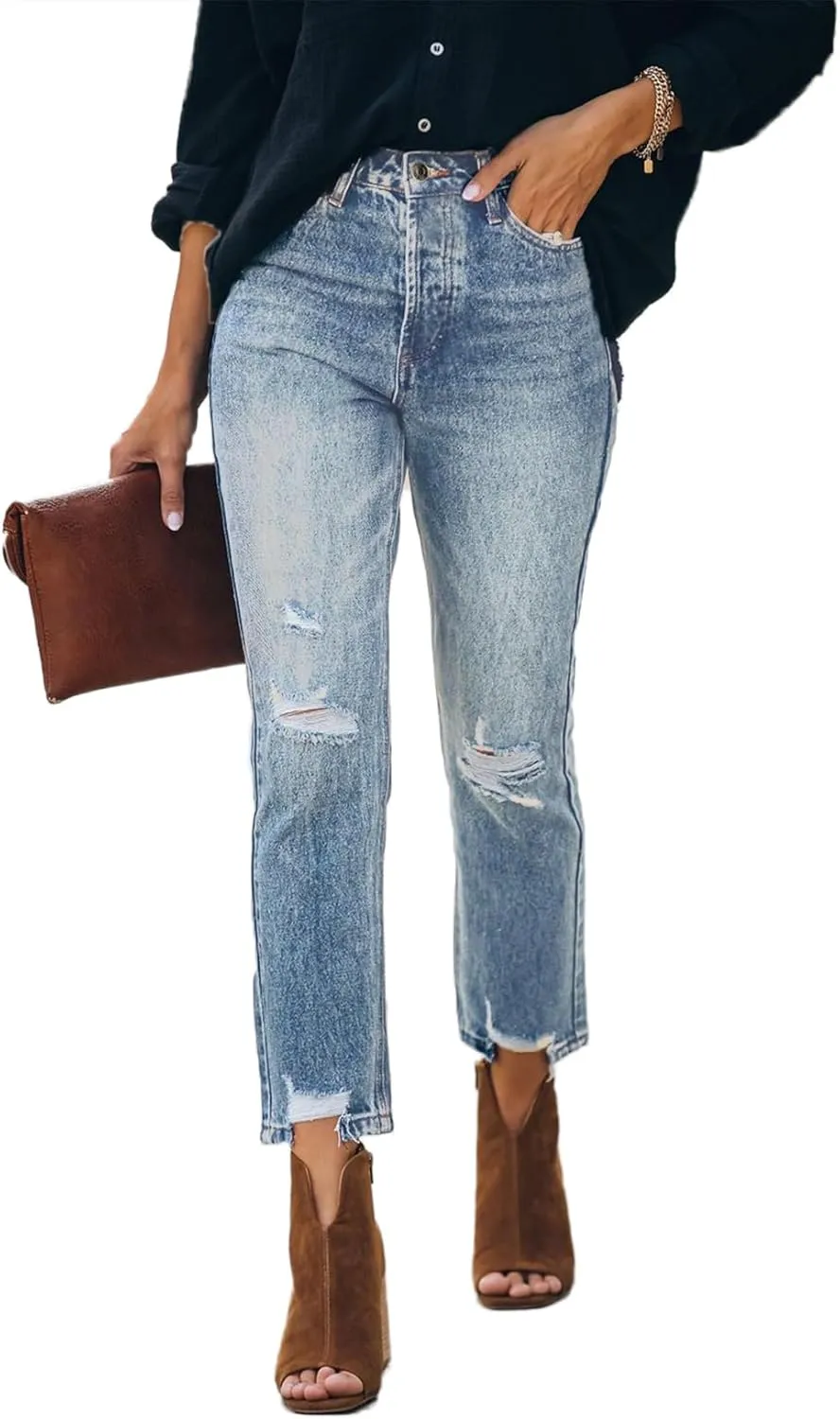 Lesore Womens High Waist Stretch Distressed Jeans Destroyed Denim Pants