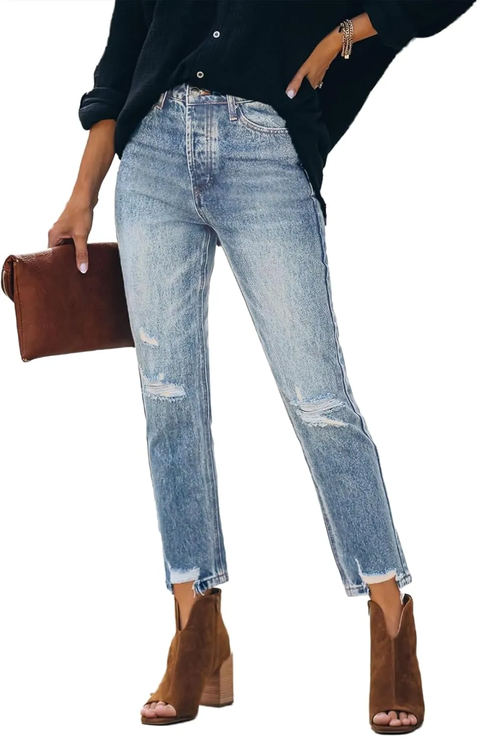 Lesore Womens High Waist Stretch Distressed Jeans Destroyed Denim Pants