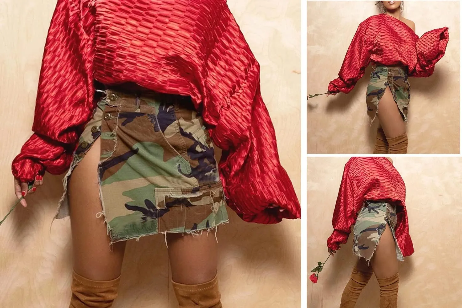 LETSVDO Women's Camo Mini Skirt High Waisted Cargo Camouflage Slit Army Fatigue A Line Frayed Denim Short Skirts
