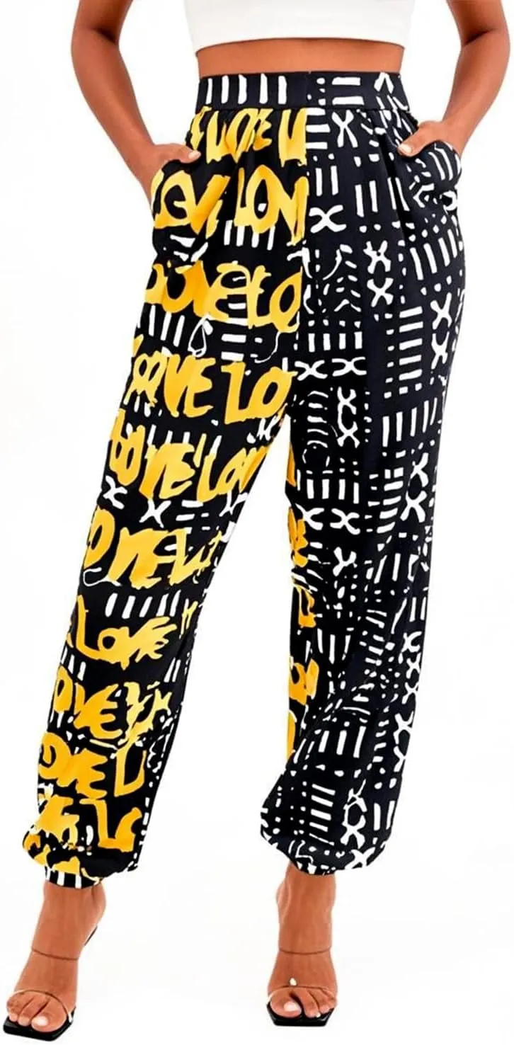 Liliam Women's Boho Floral Print Harem Pants High Waist Hippie Pants Trousers with Pockets