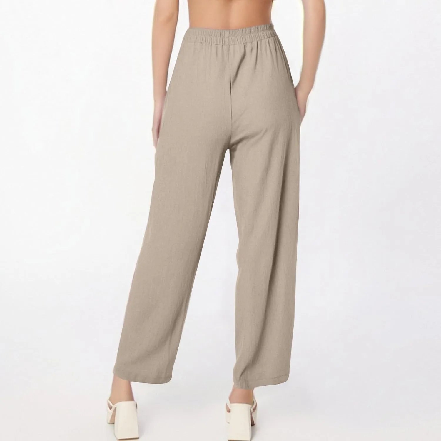 Linen Pants Women Elastic High Waisted Pull on Straight Leg Lounge Pants with Pockets Loose Fit Wide Leg Trouser