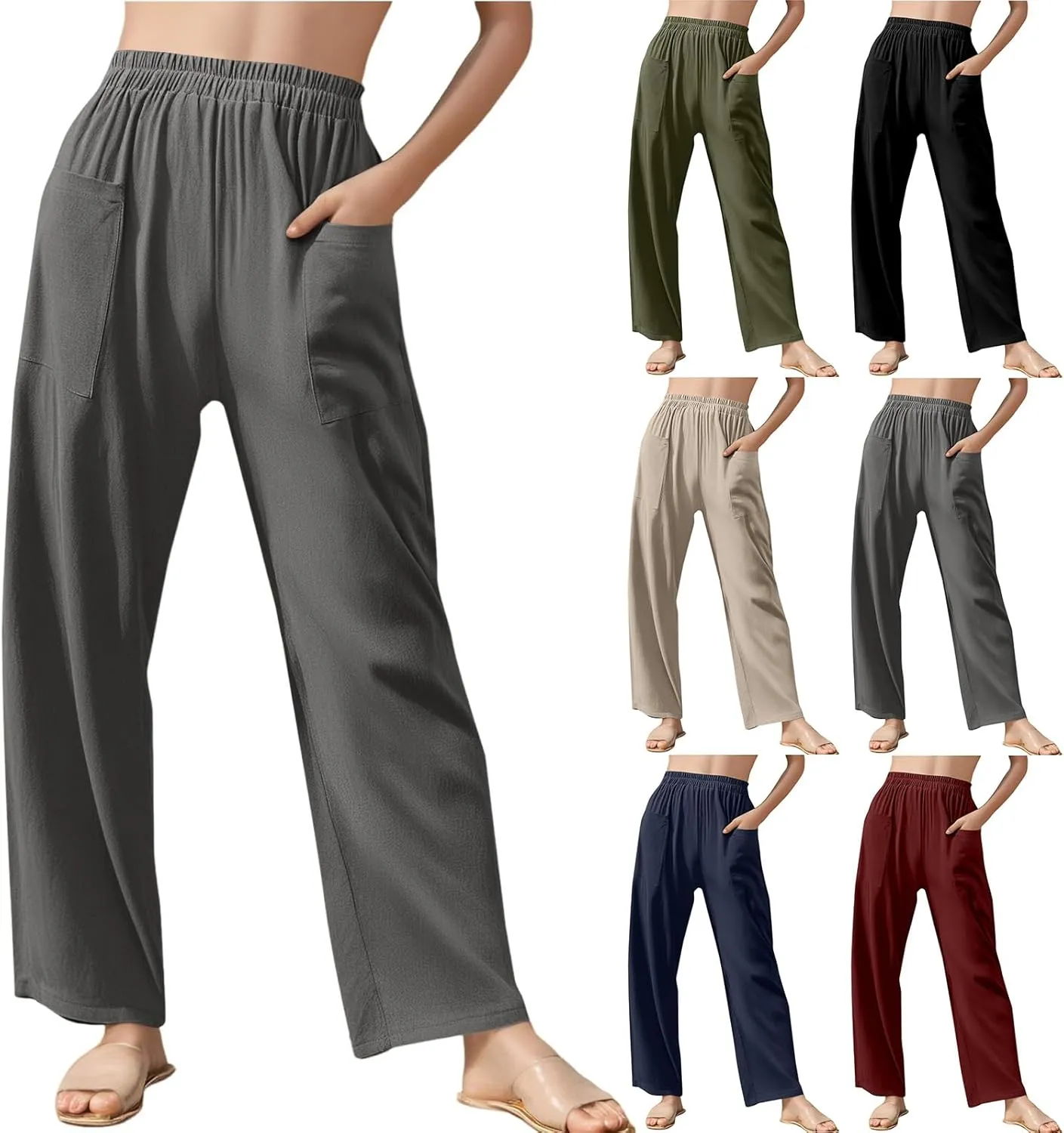 Linen Pants Women Elastic High Waisted Pull on Straight Leg Lounge Pants with Pockets Loose Fit Wide Leg Trouser