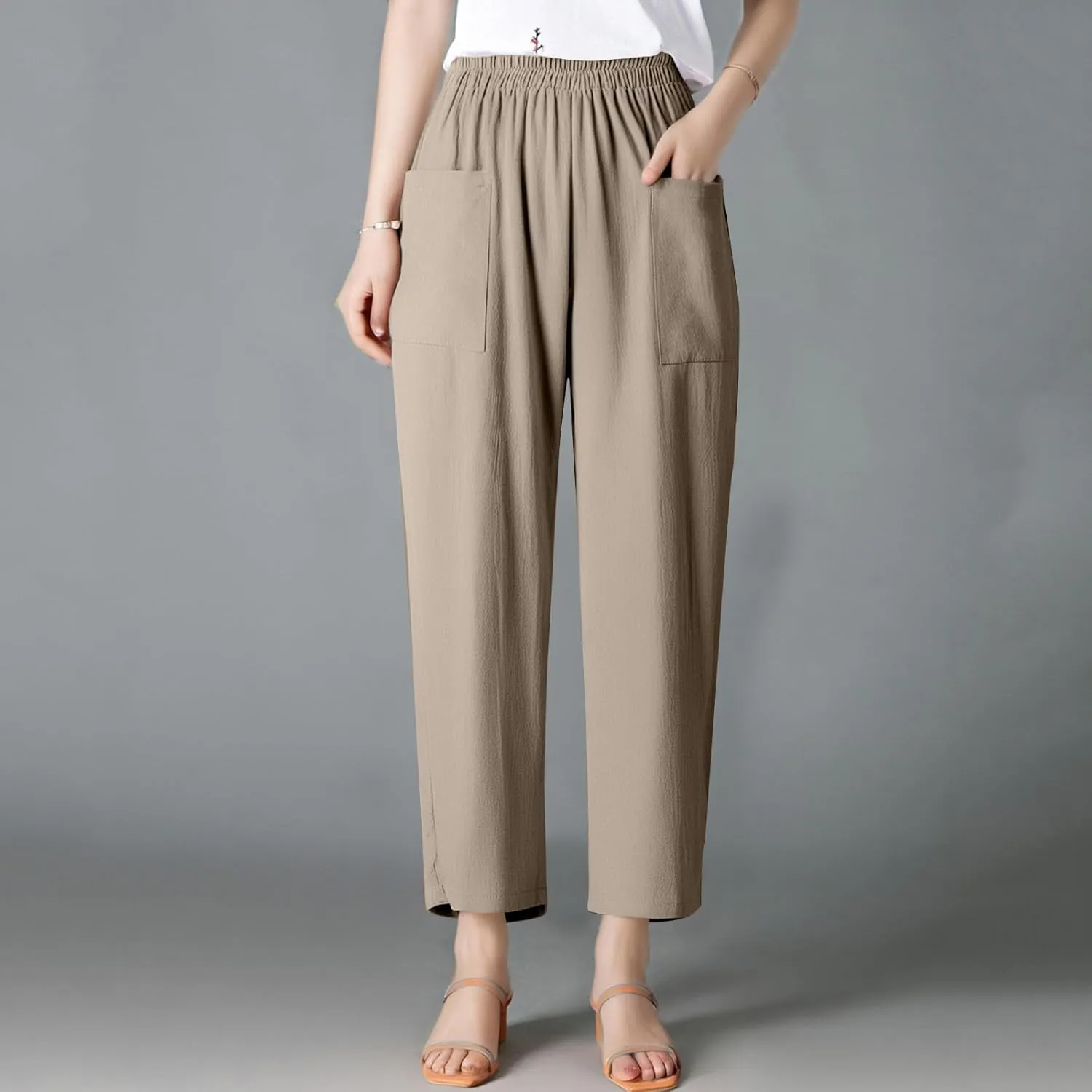 Linen Pants Women Elastic High Waisted Pull on Straight Leg Lounge Pants with Pockets Loose Fit Wide Leg Trouser