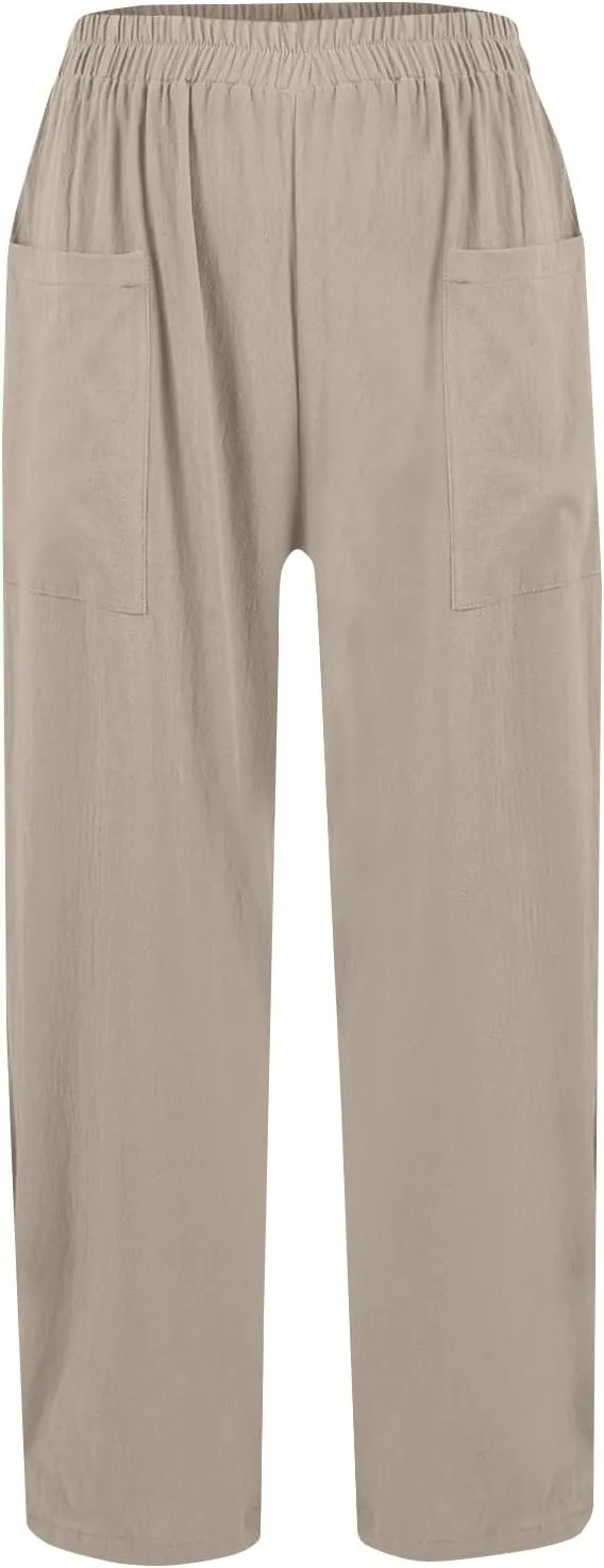 Linen Pants Women Elastic High Waisted Pull on Straight Leg Lounge Pants with Pockets Loose Fit Wide Leg Trouser