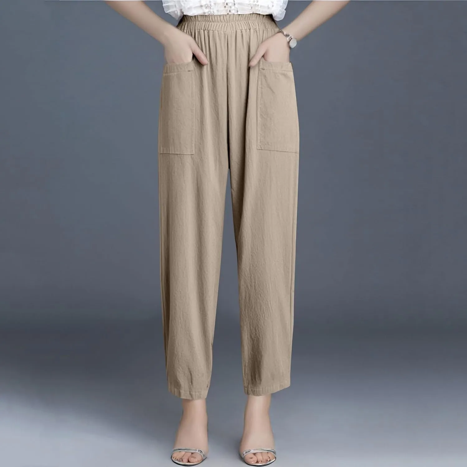 Linen Pants Women Elastic High Waisted Pull on Straight Leg Lounge Pants with Pockets Loose Fit Wide Leg Trouser