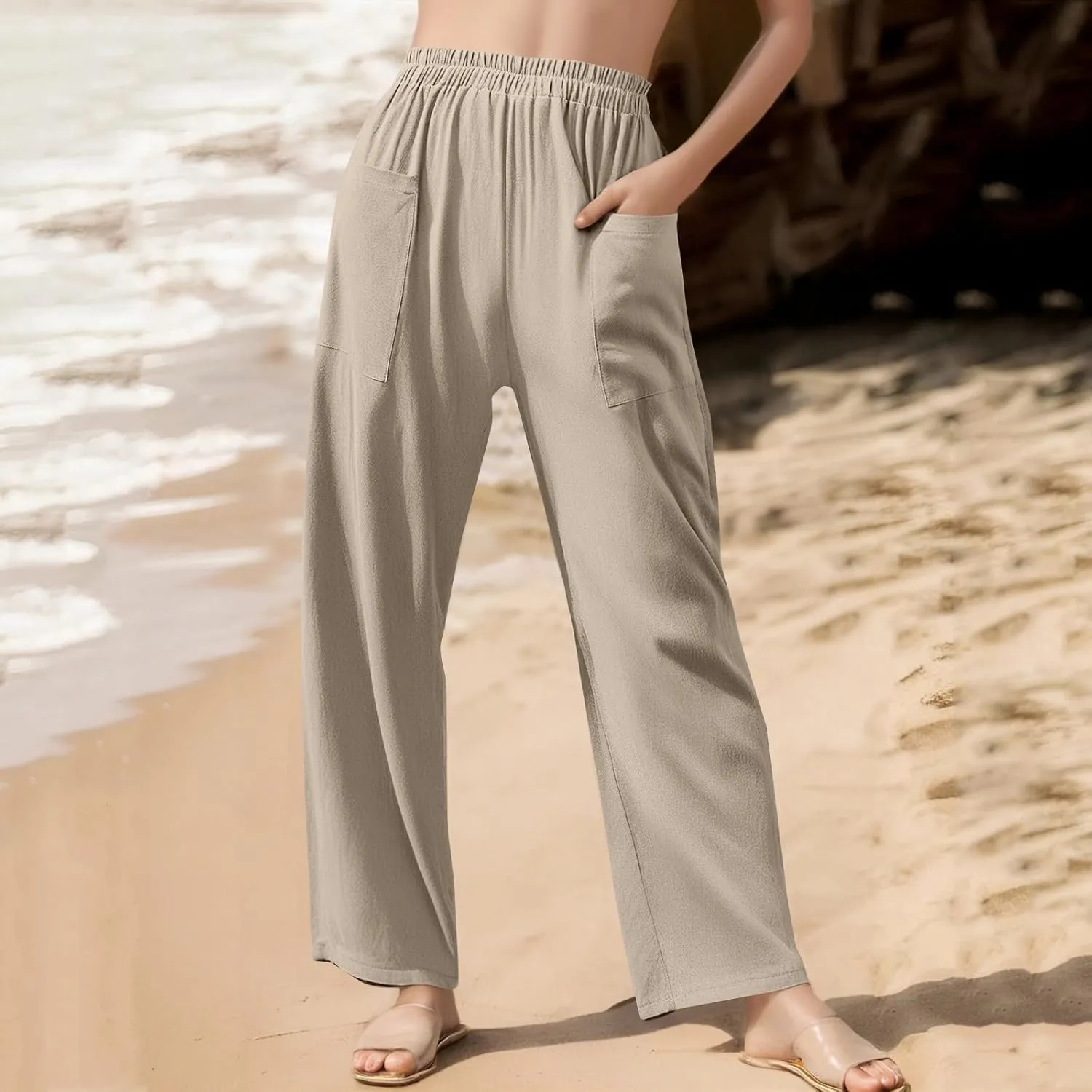 Linen Pants Women Elastic High Waisted Pull on Straight Leg Lounge Pants with Pockets Loose Fit Wide Leg Trouser