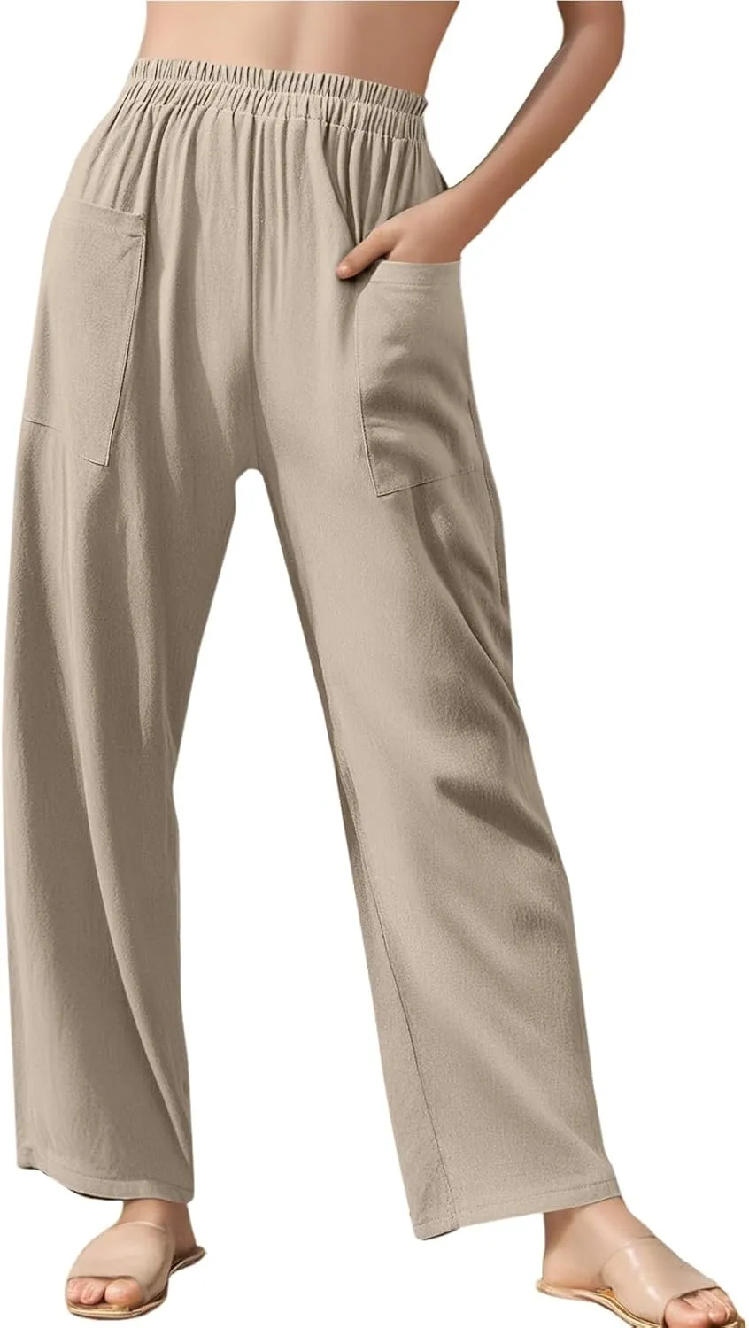 Linen Pants Women Elastic High Waisted Pull on Straight Leg Lounge Pants with Pockets Loose Fit Wide Leg Trouser
