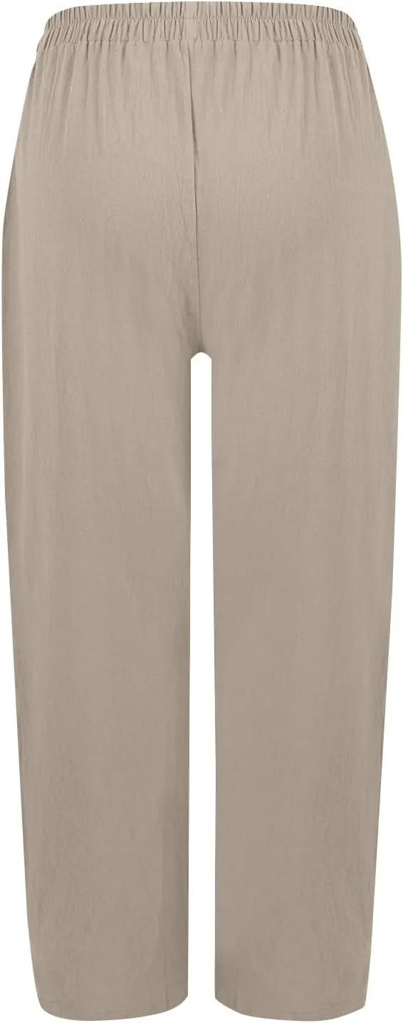 Linen Pants Women Elastic High Waisted Pull on Straight Leg Lounge Pants with Pockets Loose Fit Wide Leg Trouser