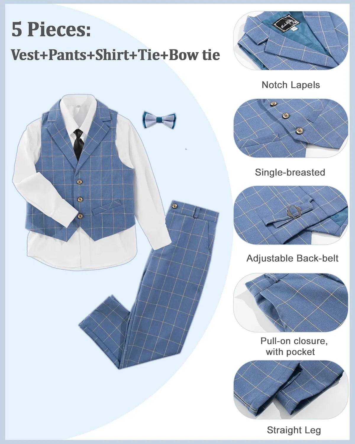 LOLANTA Boys Vest and Pants Set, Slim Fit Dress Clothes, Kids 5 Piece Ring Bearer Outfit, Adjustable Waist