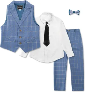 LOLANTA Boys Vest and Pants Set, Slim Fit Dress Clothes, Kids 5 Piece Ring Bearer Outfit, Adjustable Waist