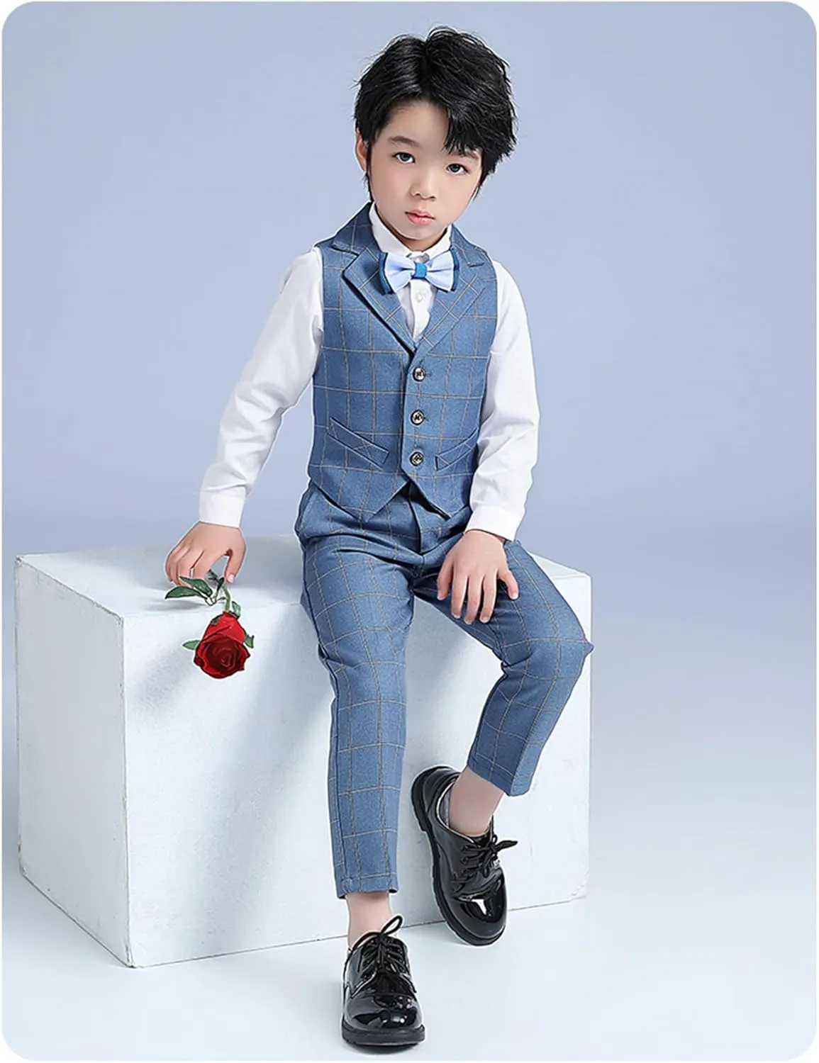 LOLANTA Boys Vest and Pants Set, Slim Fit Dress Clothes, Kids 5 Piece Ring Bearer Outfit, Adjustable Waist