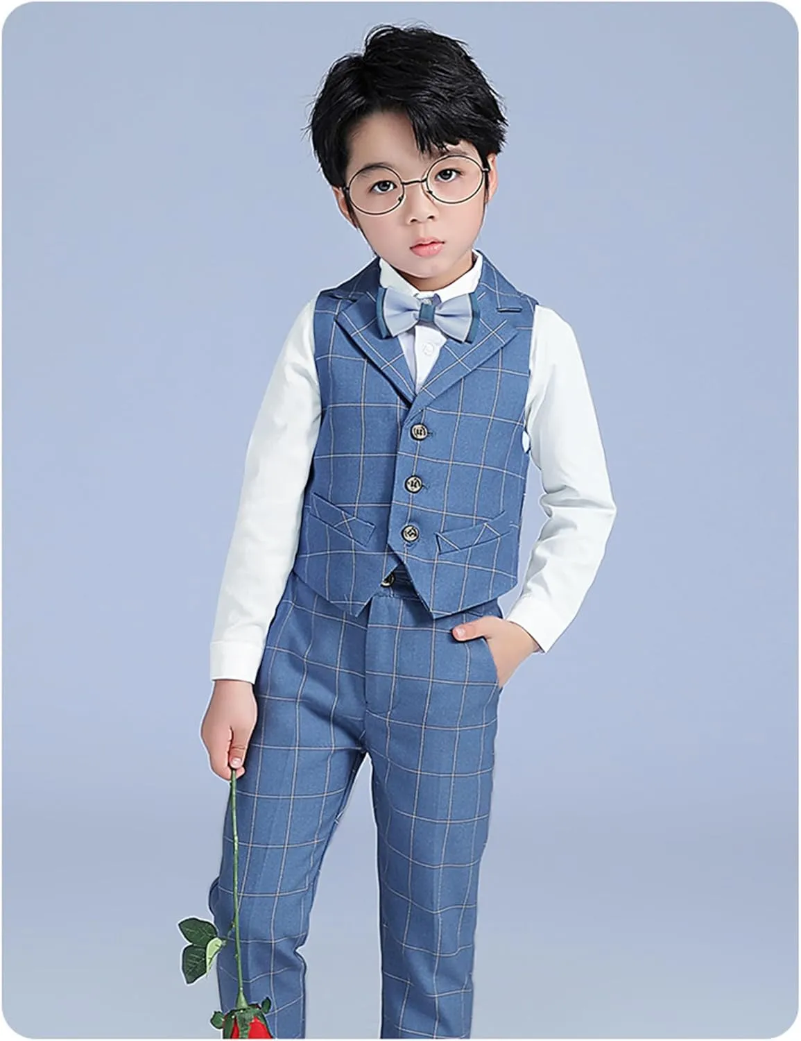 LOLANTA Boys Vest and Pants Set, Slim Fit Dress Clothes, Kids 5 Piece Ring Bearer Outfit, Adjustable Waist