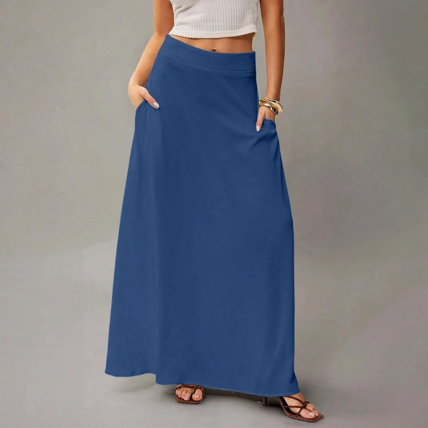 Long Skirts for Women Floral Boho High Waisted Maxi Skirts with Pockets Flowy Beach Vacation Casual A Line Skirt