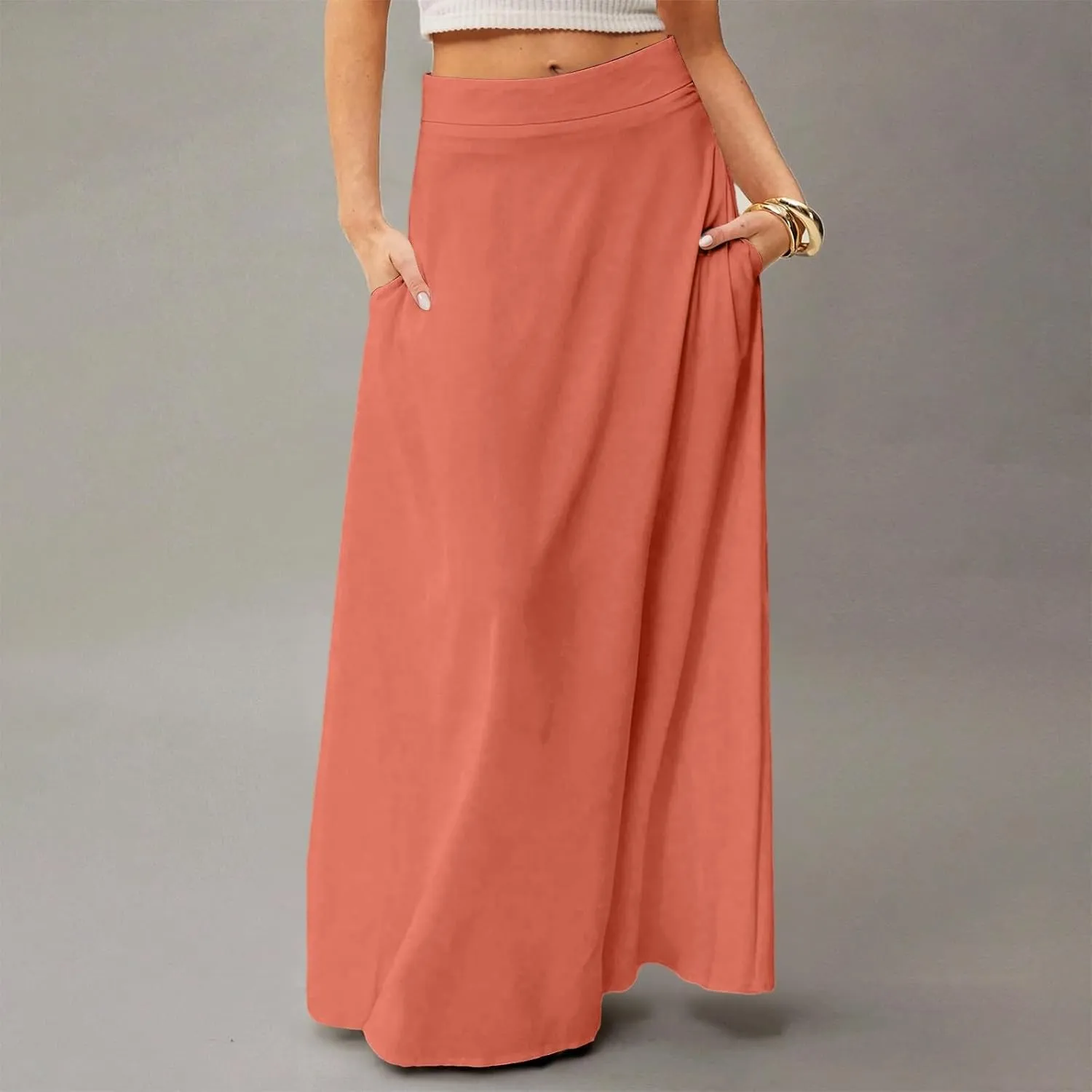 Long Skirts for Women Floral Boho High Waisted Maxi Skirts with Pockets Flowy Beach Vacation Casual A Line Skirt