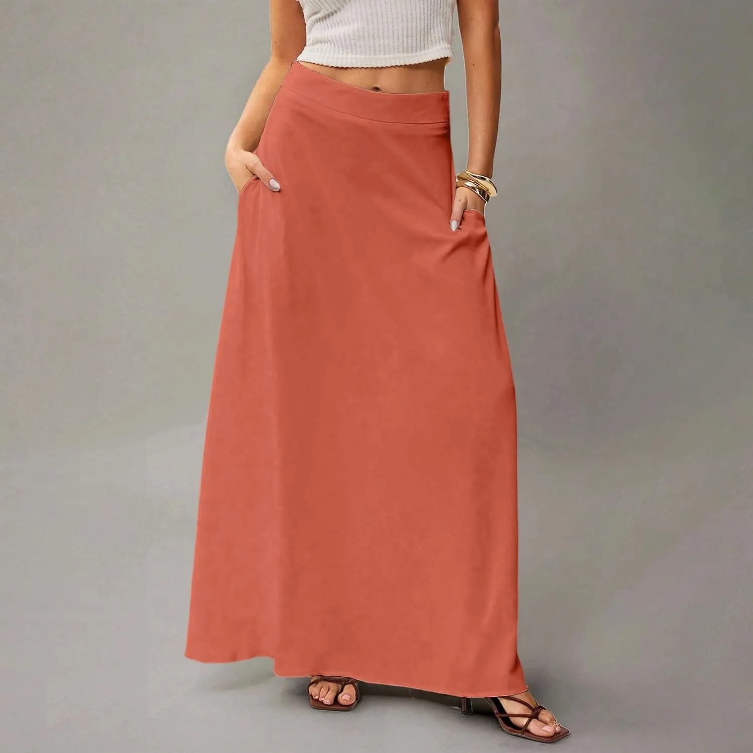 Long Skirts for Women Floral Boho High Waisted Maxi Skirts with Pockets Flowy Beach Vacation Casual A Line Skirt