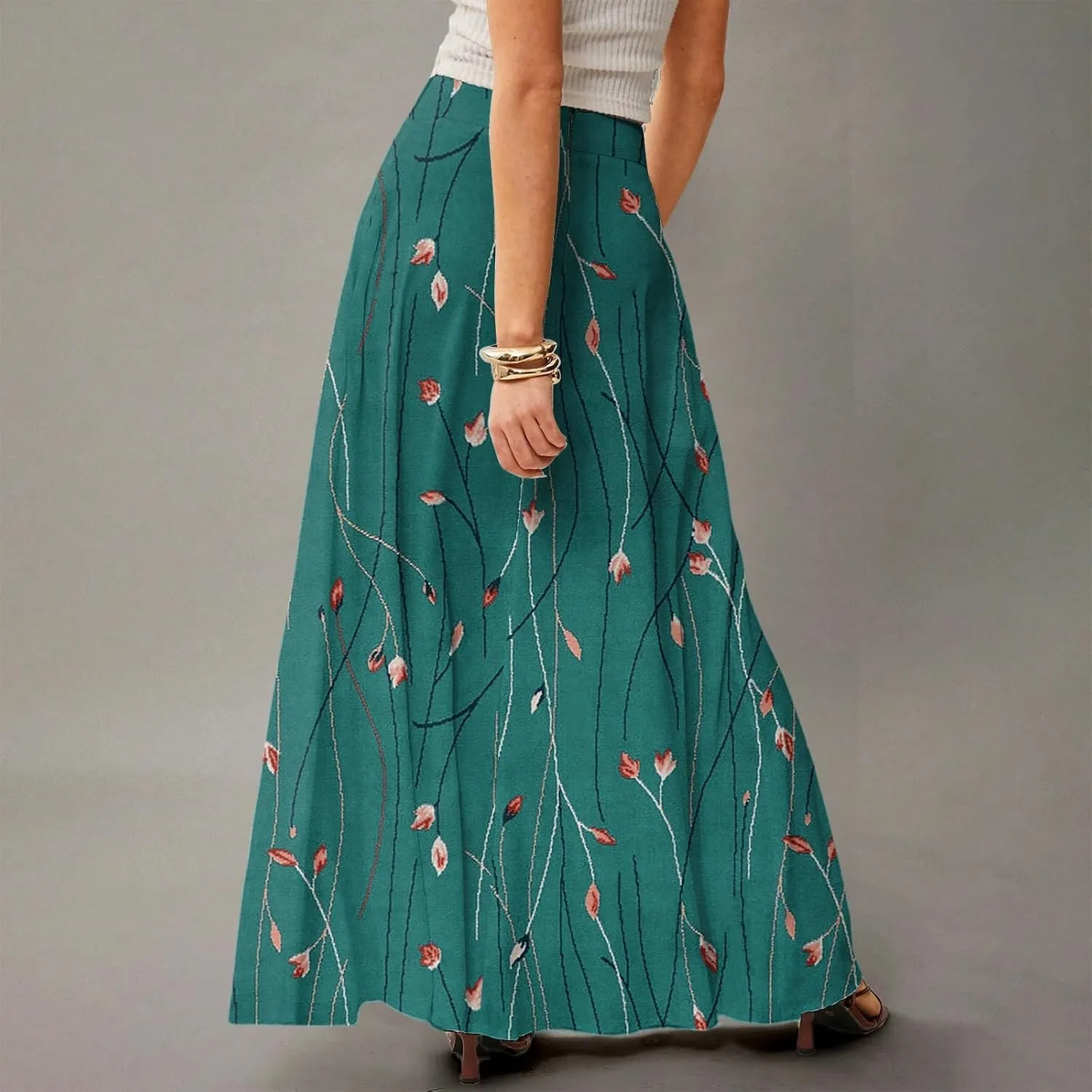 Long Skirts for Women Trendy Boho High Waisted Maxi Skirts with Pockets Floral Flowy Beach Vacation A Line Skirt