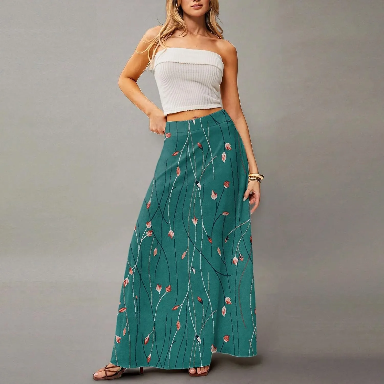 Long Skirts for Women Trendy Boho High Waisted Maxi Skirts with Pockets Floral Flowy Beach Vacation A Line Skirt