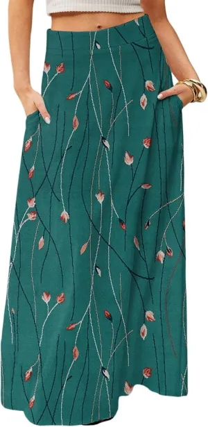 Long Skirts for Women Trendy Boho High Waisted Maxi Skirts with Pockets Floral Flowy Beach Vacation A Line Skirt